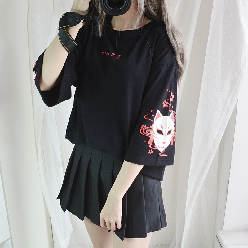

Japanese Harajuku T Shirt Women Vintage Kawaii Anime Cat Girl's Black Tops Lolita Gothic Animal Print Oversized Cute Tee Shirts