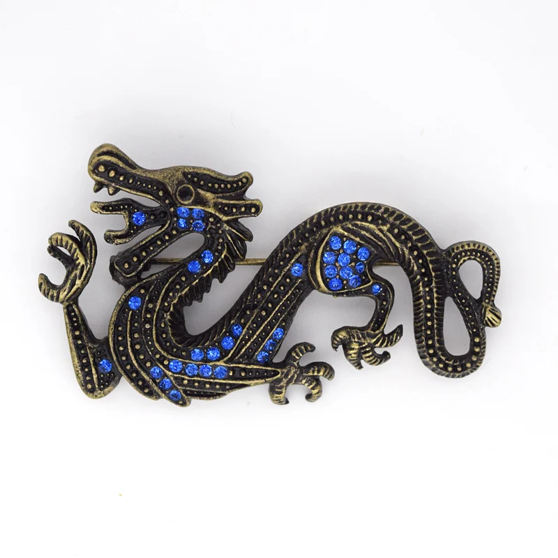 Antique Bronze Blue Rhinestone Dragon Pin brooches C299 B4in Brooches