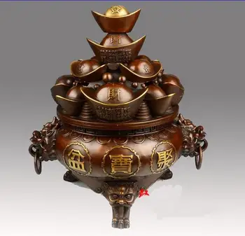 

China Bronze Yuanbao Wealth Money Cornucopia Treasure bowl Incense Burner Censer