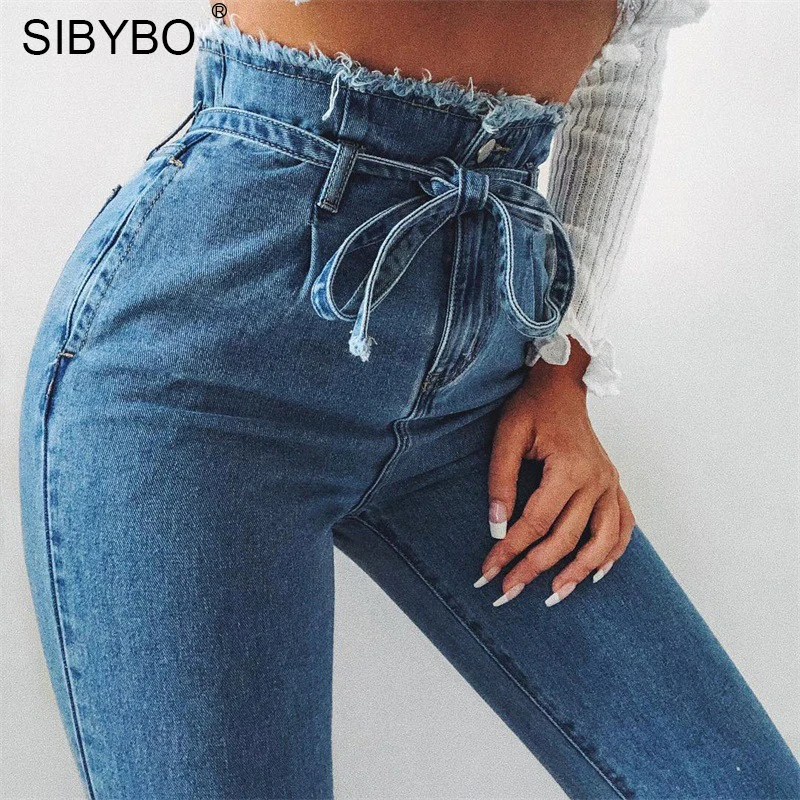 

JULISSA MO Blue Hight Waist Bodycon Pencil Jeans Women Elastic Lace Up Casual Jeans Trousers Autumn Women Bandage Long Legging