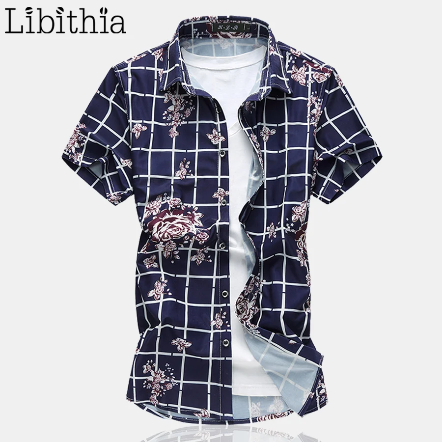 

Men Thin Short Sleeve Shirt Casual Slim Fit Plaid Dress Shirts Summer Large Size M-7XL Social Masculina Blue Chemise Homme G18