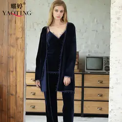 Для женщин Three-Piece Pajama Set осенние и зимние Pleuche пижамы женский набор Мода V шеи сплошной дома