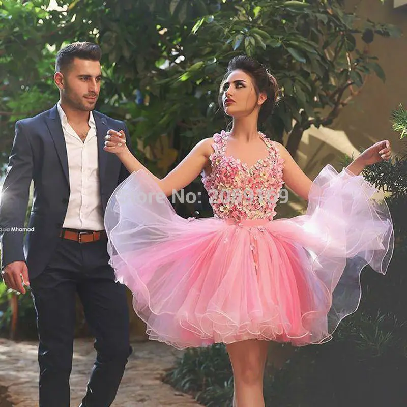 

2019 New Pink Halter Neck Backless 3D Flower Cocktail Dresses Elegant Backless Short Prom Dresses Tulle Graduation Dresses