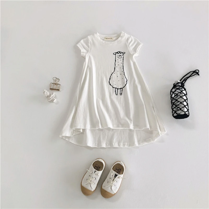 MYUDI 2019 Girls Fashion Summer Long T-shirt Dresses Short Sleeve Alpaca Sweet Girl's Brief Basic White Casual Dress