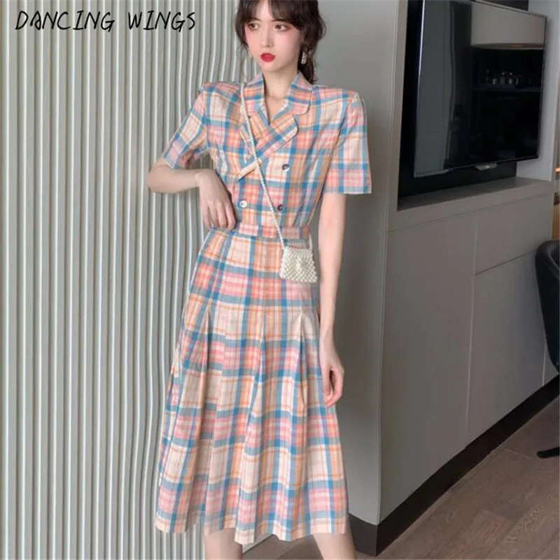 

summer Elegant Women 2 Pieces Set Double-Breasted Short Sleeve Plaid Shirt + High Waist Midi Skirt Casual Summer Outfits