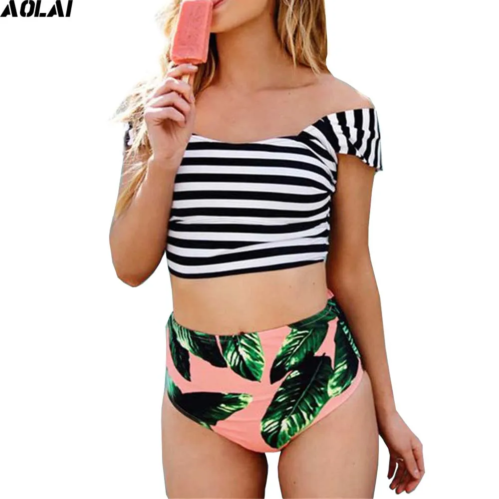 

High Waist Bikini 2017 Floral Swimwear Women Crop Top Swimsuit Off Shoulder Bikini Set Striped Bathing Suits Green Leaf Bikinis
