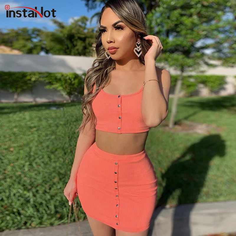 

InstaHot Orange Rib-Knit Crop Camis Top And Skinny Skirt Set Solid Sleeveless 2 Piece Set Spaghetti Strap Casual Women Set 2019