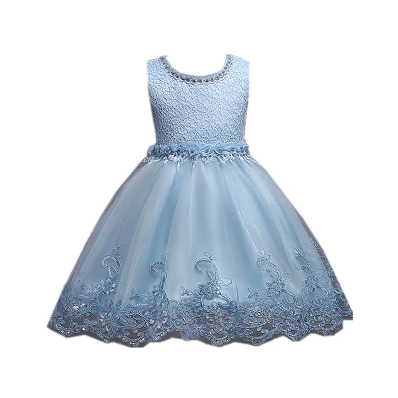 Платье для девочек с кружевной аппликацией и бисером; детское платье с цветочным узором для свадебной вечеринки; платья подружки невесты - Цвет: Небесно-голубой