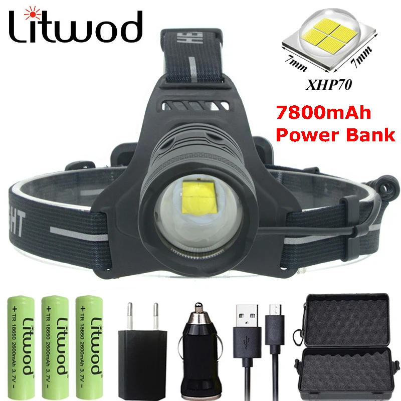 

Litwod z252808 Led headlamp XHP70 Power bank Headlight Powerful Fishing Head lamp flashlight torch zoom Head light for 18650