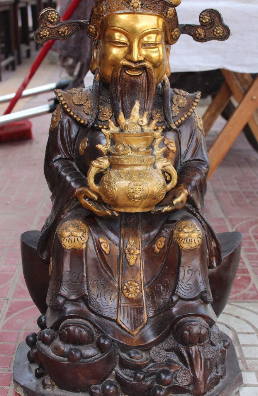 

25" China Soild Bronze Gilt Wealth Money Mammon God Ju Bao Pen On Yuanbao Statue