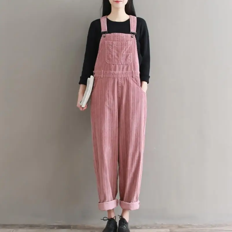 

Women Casual Loose White Cotton Corduroy Jumpsuits Female Cute Overalls leisure Pink Wide leg pants Plus Size Long Troursers