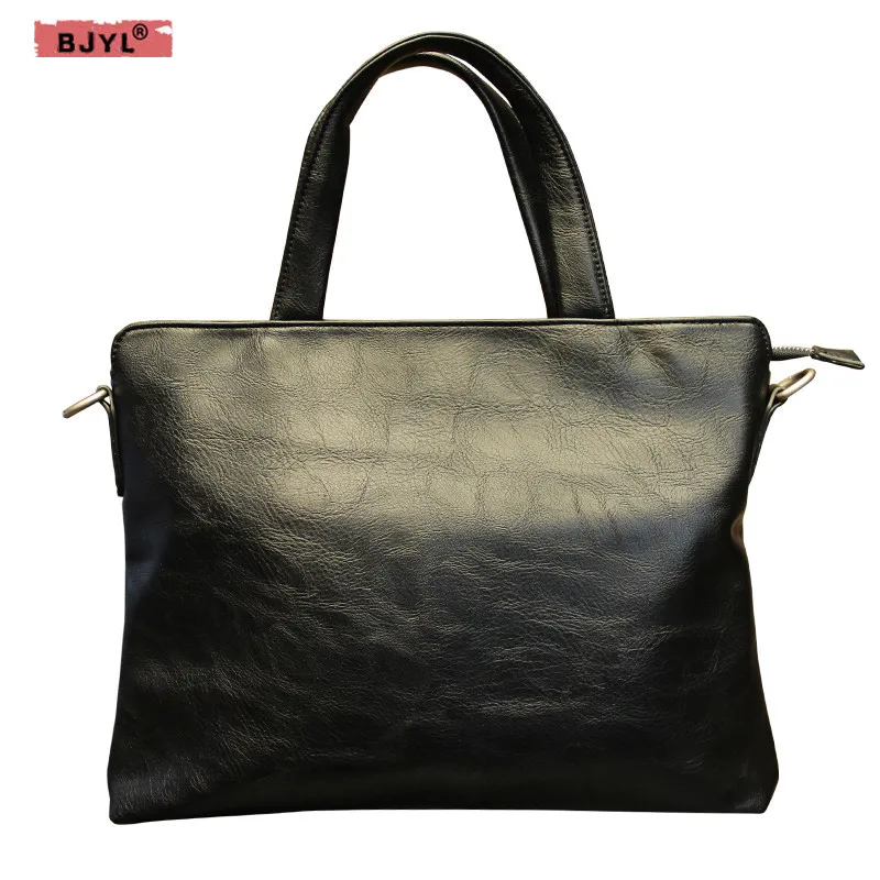 

BJYL New trend men's bag Leather business 14" laptop handbag cross-section shoulder messenger bag men slung leisure briefcase