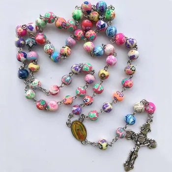 

Free shipping 2017 fashion polymer clay round bead catholic rosary colorful quality bead cross necklace