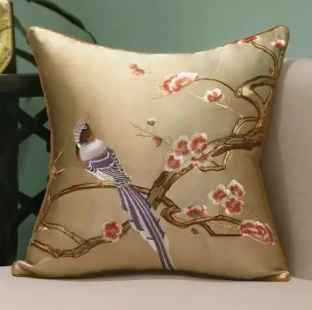 Классическая вышивка птица подушка с внутренней подушкой вышивка сатиновая подушка стул декоративная для подарка - Цвет: plum blossom khaki