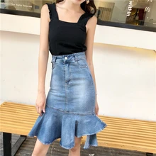 Negash Новая Женская высокая талия посылка бедра, джинсовая юбка Русалка его оборками дамы элегантный тонкий карман длиной до колена джинсы Юбки