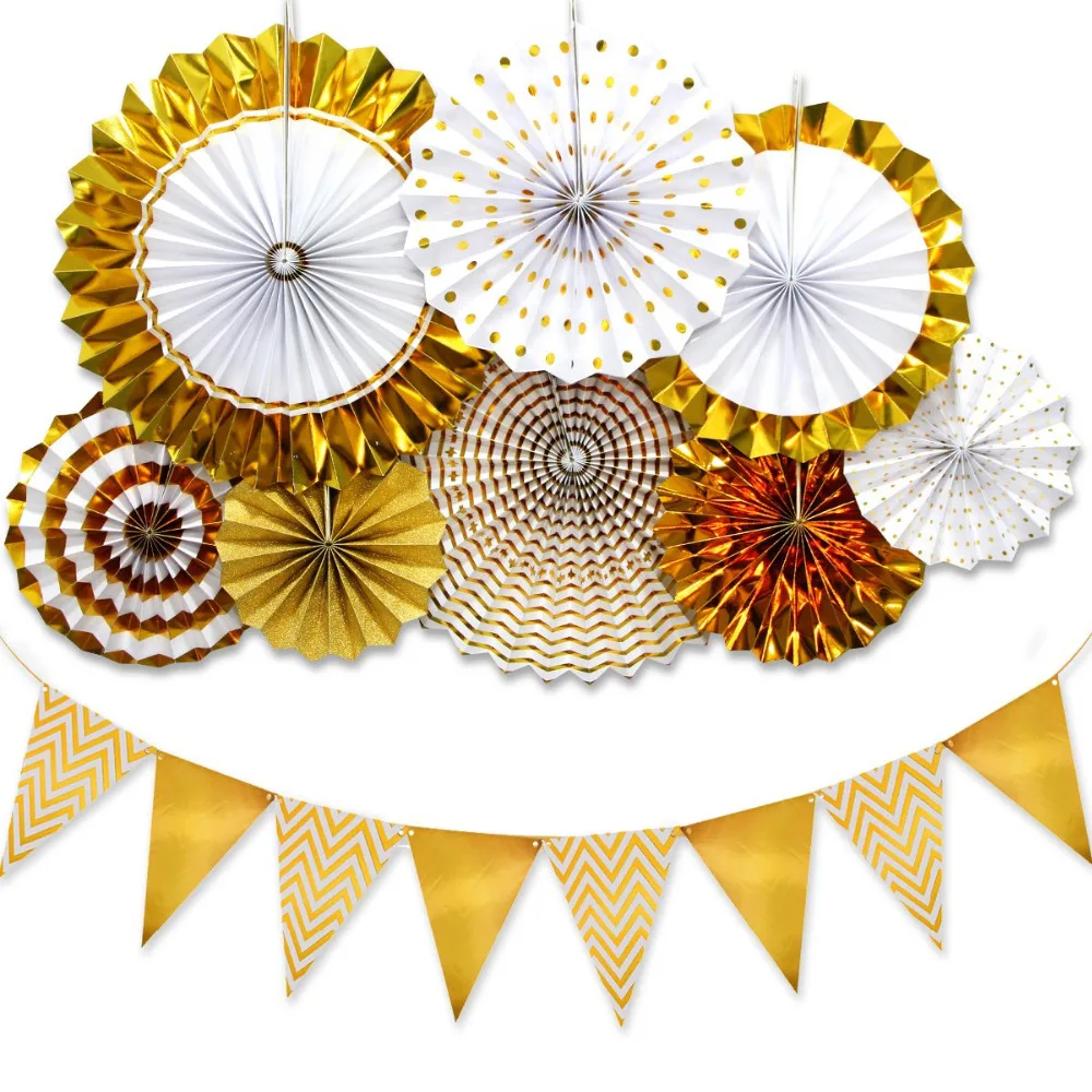 

Fiesta Gold Party Decoration Gold Paper Fan Flower Hanging Banner Sparkly Paper Pennant Banner Flag Bunting for Wedding Babyshow
