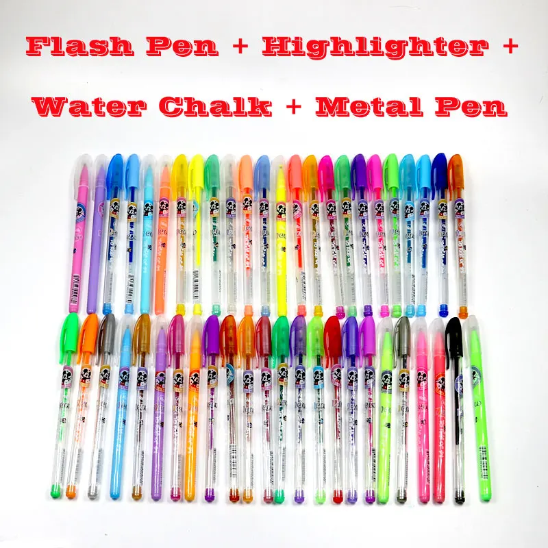 1.0mm 48 Color Highlighter & Glitter Pen & Water Chalk & Metal Pen Mix Set School Painting Graffiti Marking Premium Set Statione double side disappearing ink marking pen air water erasable pen fabric marker temporary marking auto vanishing pen for cloth