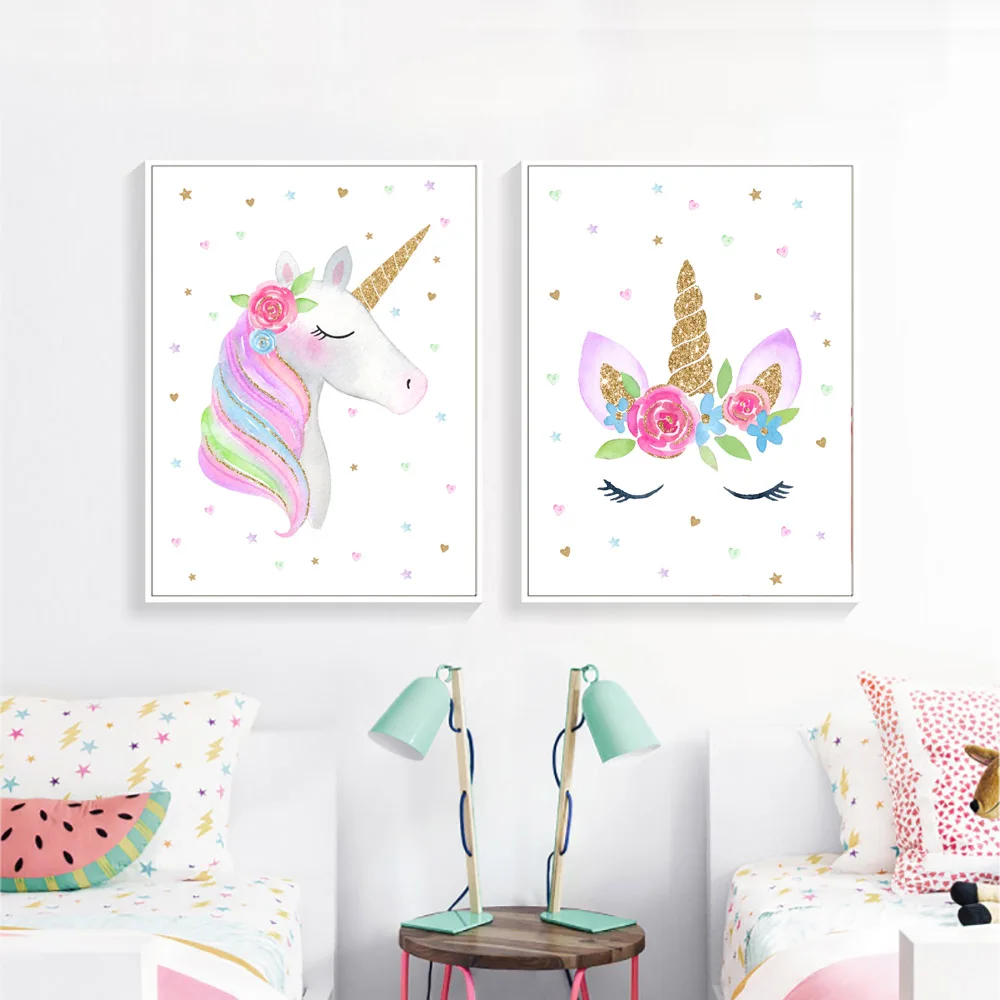 

Unicorn Poster Cartoon Canvas Painting Girl Room Picture For Kids Room Watercolor Poster Nursery Wall Art Canvas Prints Unframed