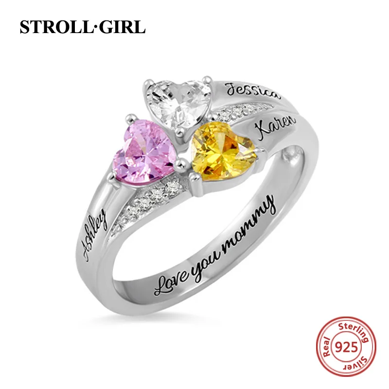 

Strollgirl Authentic 925 Sterling Silver Custom Heart Birthstone Engraved Names Ring for Women Wedding & Anniversary Jewelry