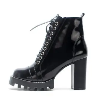

Sexy High Heel Winter Black Ankle Boots Round toe Designer Platform Ladies Lace-up Motorcucle Boots Patent Leather Ridding Boot