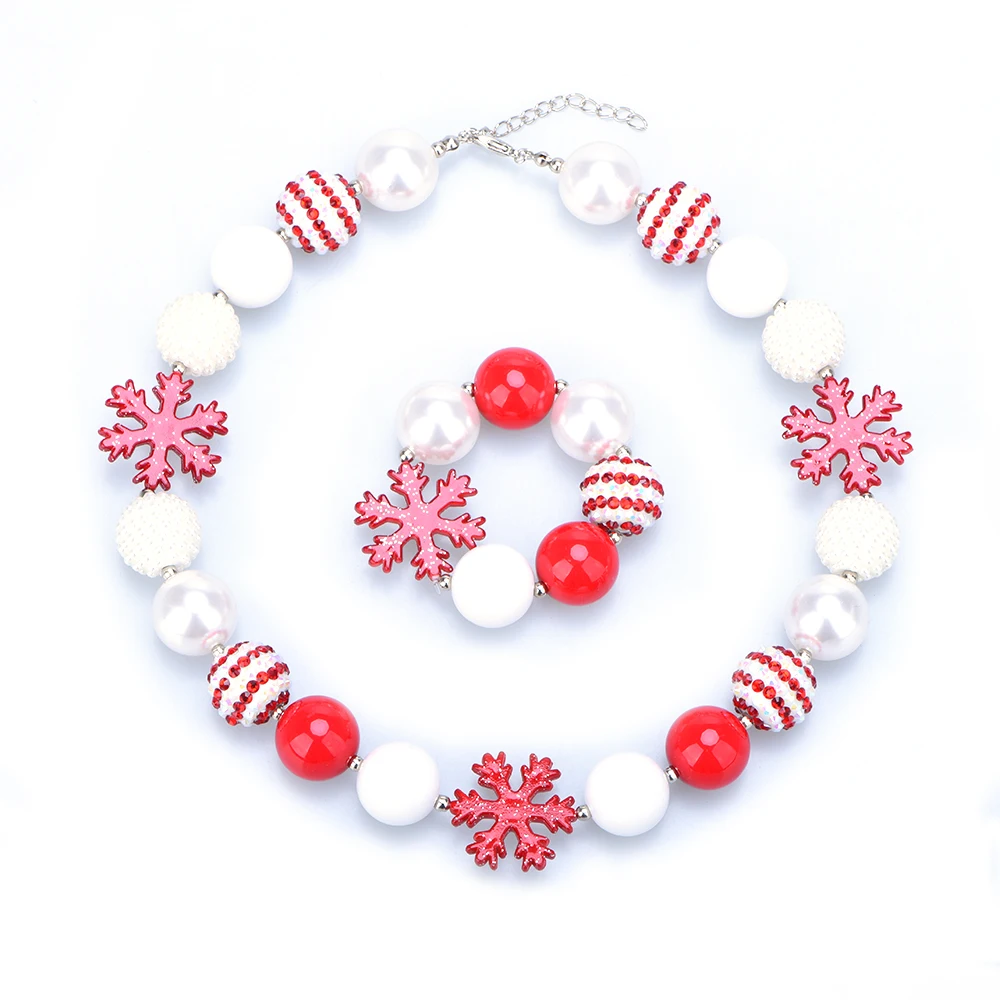 

Christmas Inspired Snowflake Pendant Toddler Chunky Bead Necklace Girls Bubblegum Necklace and Bracelet Set DIY Gift for Kids