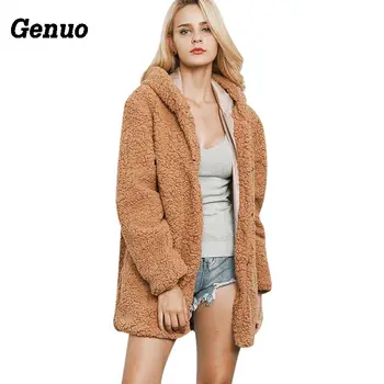

Women Faux Fur Long Coat Winter Fluffy Warm Hoodie Teddy Coats Overcoat Female Fake Fur Jackets Outwear Genuo
