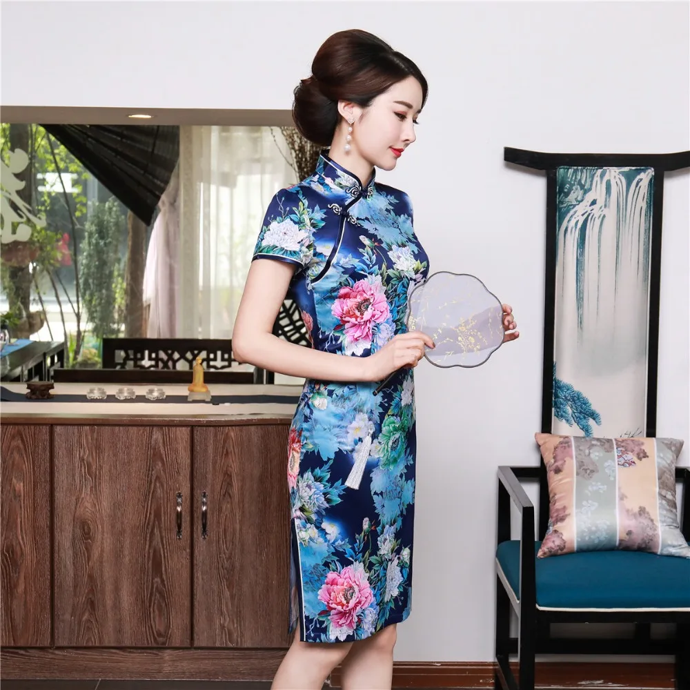 Шанхай история короткий рукав цветочный Qipao длиной до колена cheongsam платье китайский Восточный платья для женщин