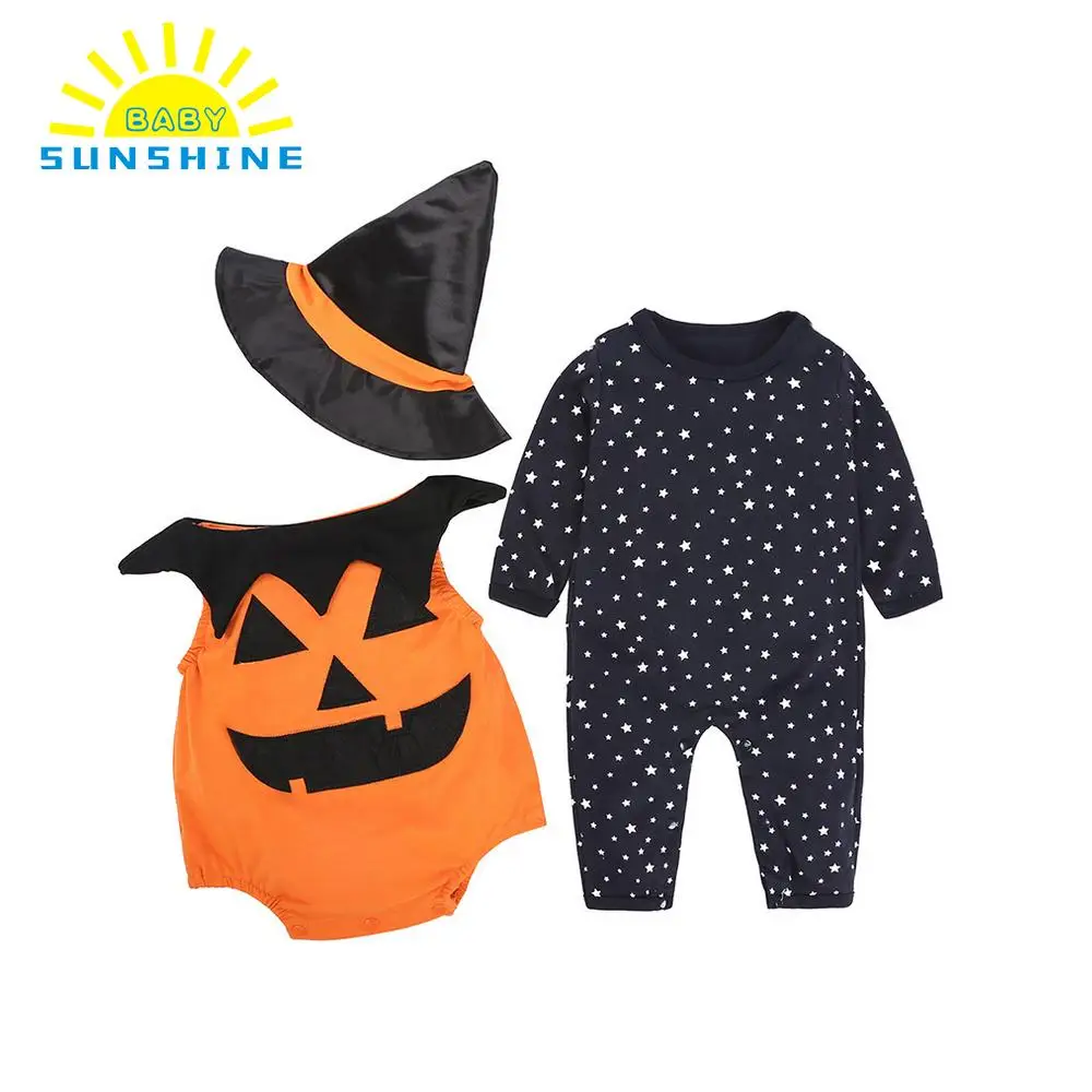 

Fashion Newborn Baby 3Pcs Outfit Set Pumpkin Romper Long Sleeve Jumpsuit Hat Pumpkin Halloween Top Quality