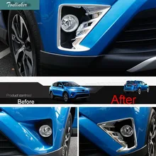 Tonlinker 2 pcs ABS Chrome Car styling Mirror style Front fog light Sticker Case Cover Stickers For TOYOTA RAV4 2016 Accessories