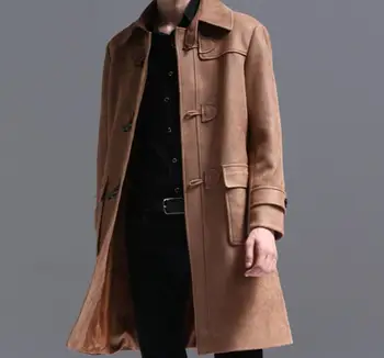 

New arrival !Lapel mid-length suede windbreaker men spring and autumn new jacket college wind horn buckle coat boy outwear!