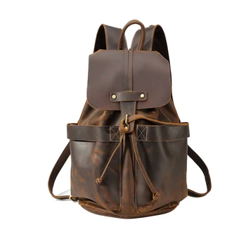

tiding Designer Crazy Horse Leather Travel Backpack Mens Vintage String Rucksack Weekender Bag 15'' Laptop Backpacks Brown 3581