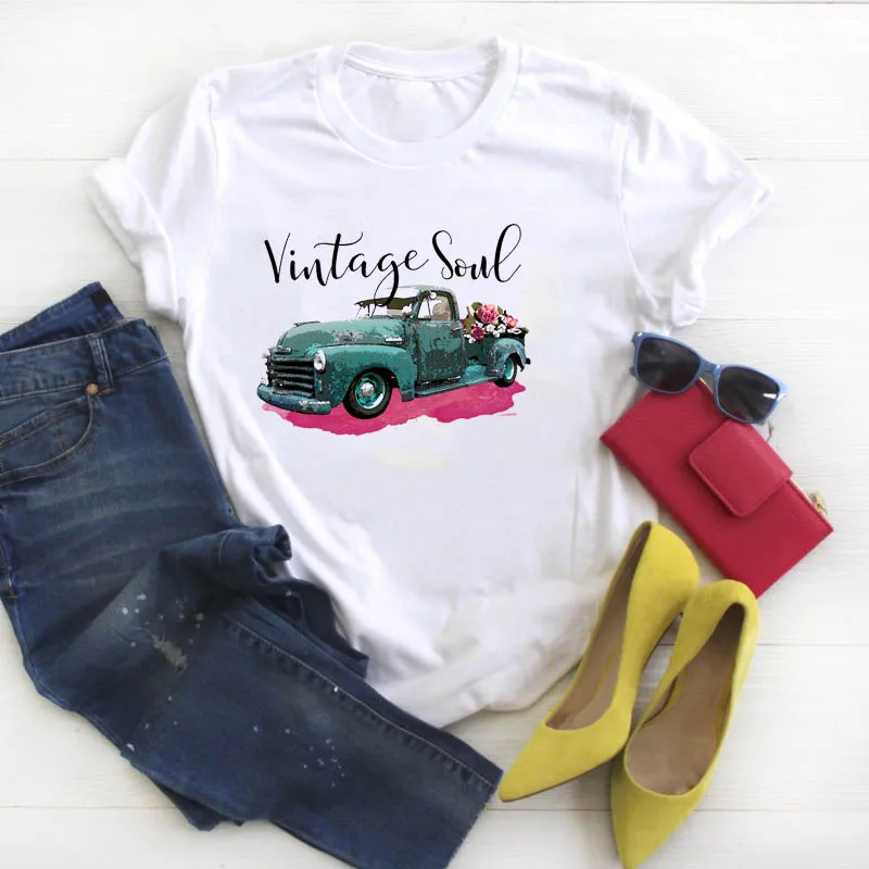 Для женщин рубашка Летняя грузовик летнее женское, с коротким рукавом Одежда графический принт; женская Kawaii футболки для девочек топы, футболки женские футболки
