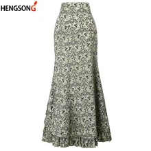 Винтажная юбка «рыбий хвост» с высокой талией, на шнуровке, тонкая, с принтом, Ретро стиль, длинная облегающая юбка, весна-осень, юбка-Русалка с оборками