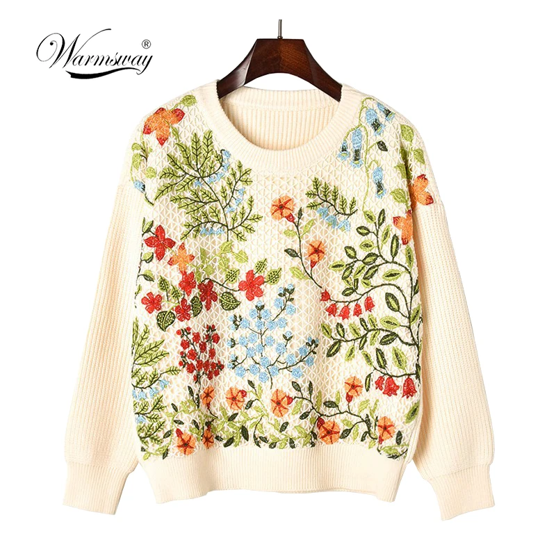 2018 Fall Winter Women New vintage warm sweaters floral embroidery pullovers dropped shoulder Oversized knitted blusas  C-229