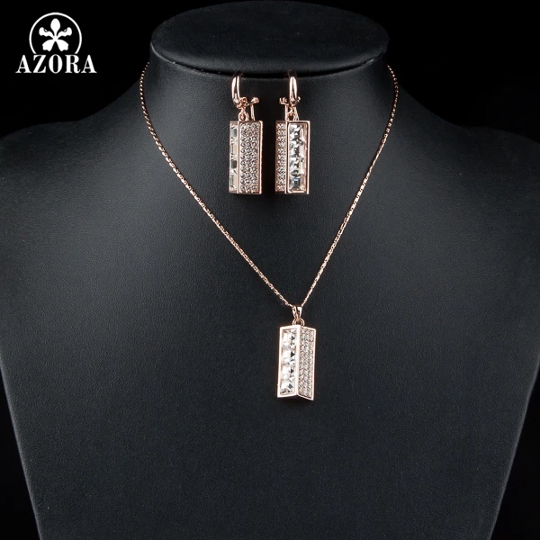 AZORA New Rose Gold Color Stellux Austrian Crystal Lamp Drop Earrings and Necklace Jewelry Sets TG0043