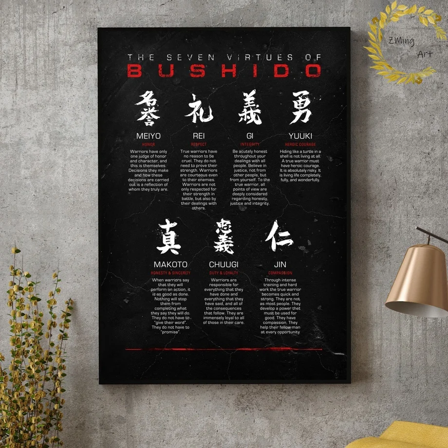 Японский Kanji Samurai черный и белый код бусхидо черно холст Художественная печать