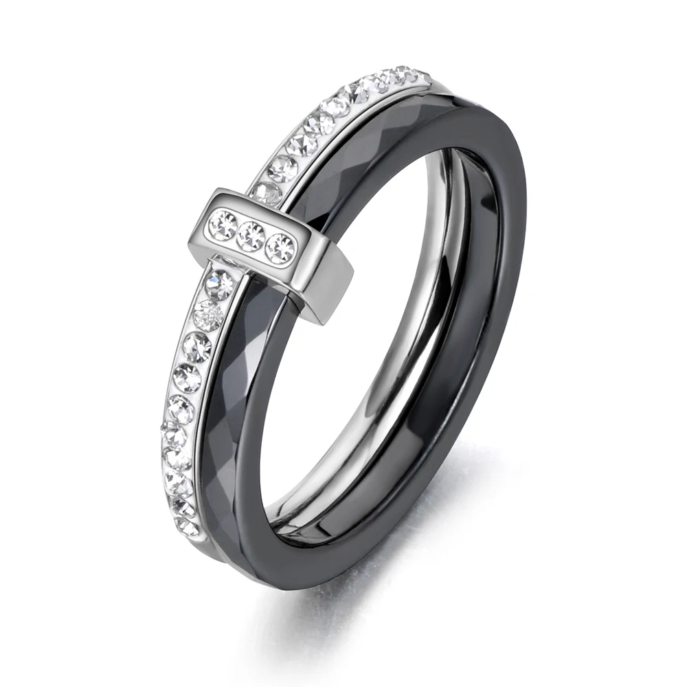 YiKLN 2 слоя черный/белый керамический Кристалл Свадебные кольца ювелирные изделия для женщин девочек розовое золото нержавеющая сталь обручение YR18054 - Цвет основного камня: Steel Black