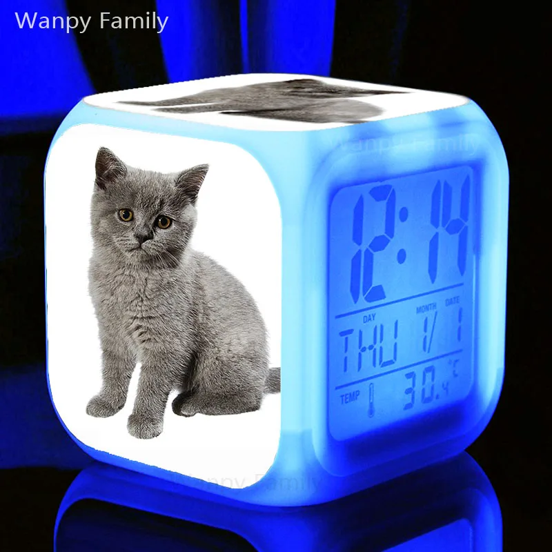 Cute Cat Alarm Clock 7 Color Luminous Led Digital Clock Children's Room
