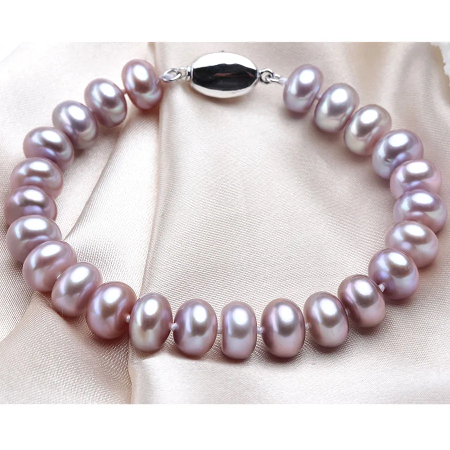 Высококачественные браслеты из натурального пресноводного жемчуга для женщин, удивительная цена, 7-8 мм/9-10 мм, ювелирные изделия из жемчуга, серебро 925, браслет 18 см - Цвет камня: purple pearl