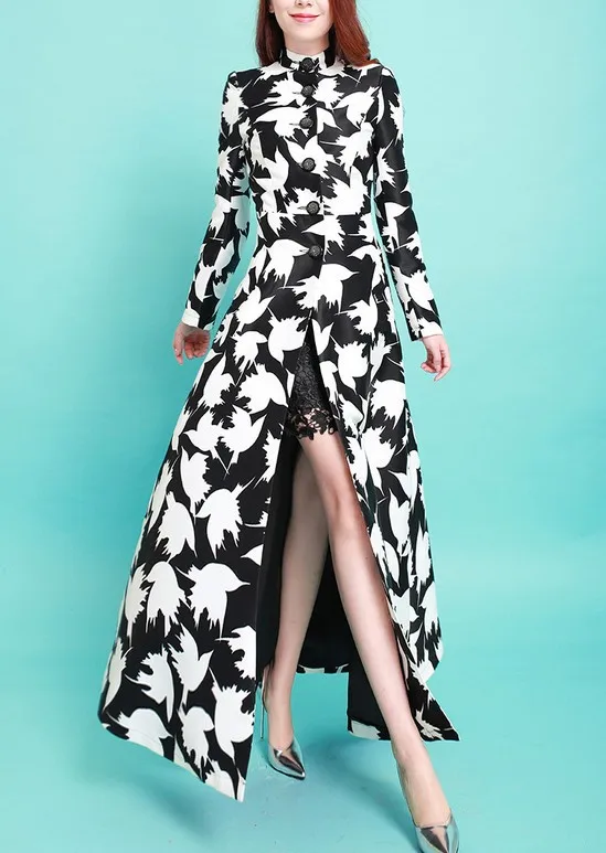 Весенне-осенний женский однобортный Тренч со стоячим воротником, тонкая винтажная Длинная Верхняя одежда с цветочным принтом, пальто больших размеров