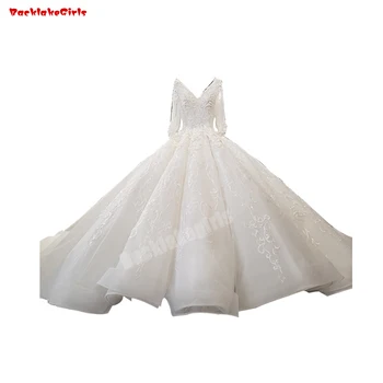 

65421 3D Flower Wedding Gown With Pearls Inlay Deep V-neck Backless Bridal Dress