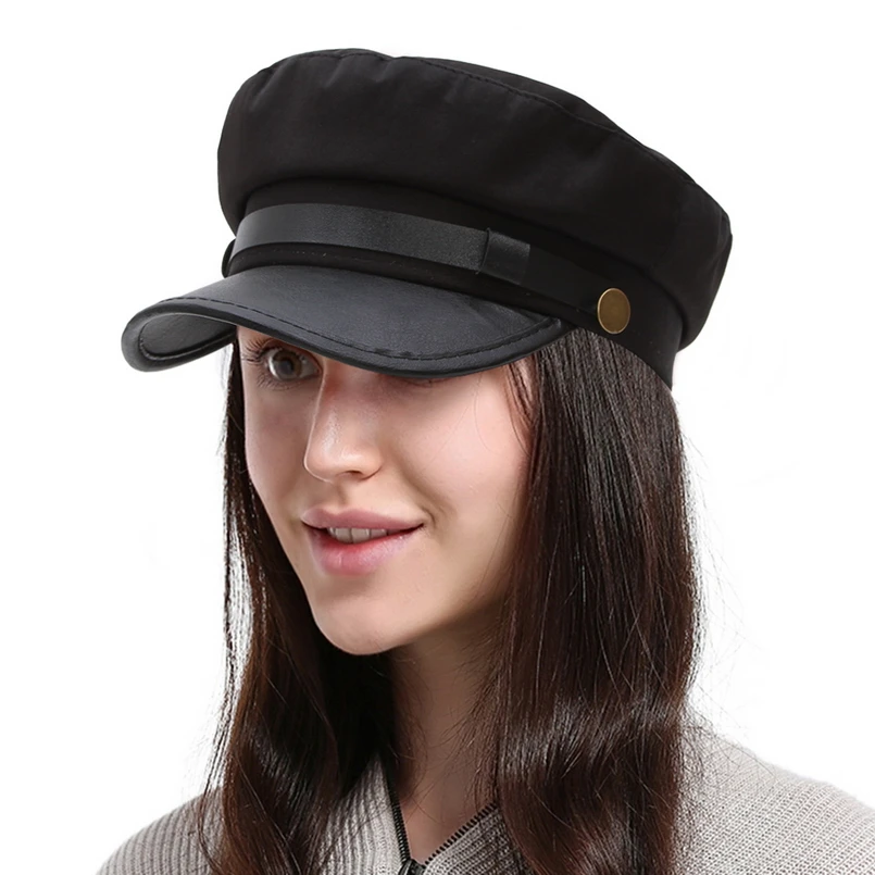 Women Hats Women Military Hat New Fashion Unisex Baker Cap Women Spring Autumn Newsboy Cap PU Leather Military Hat Female Travel Student Hat