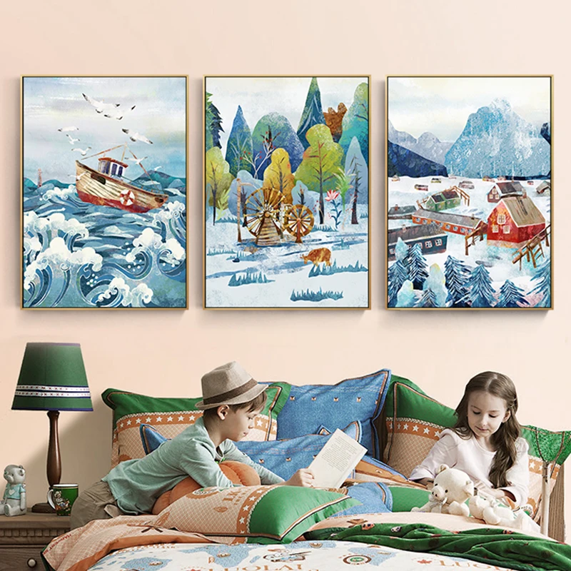 

Cute Ice And Snow World Canvas Painting Cartoon Fairy Tale Town Poster Print For Kid Room Nursery Home Decor Wall Art Picture