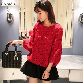 

Sweaters Women Loose Trendy Kawaii O-Neck Three Quarter Casual Korean Soft Simple Elegant All-match Ladies Swearter Winter Daily