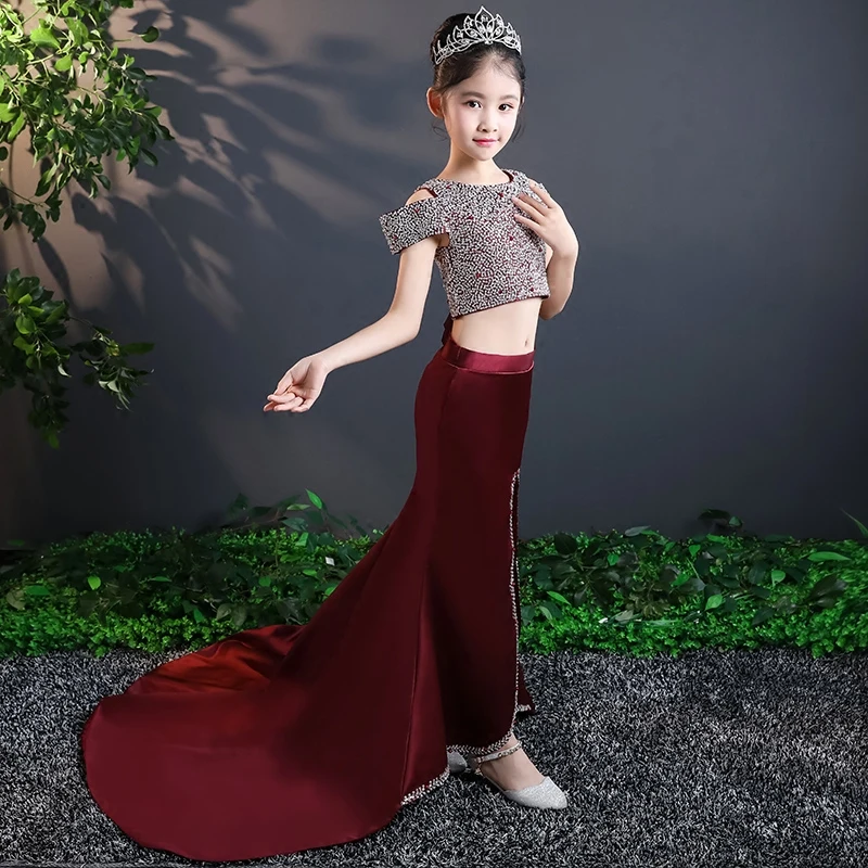 Luxury Mermaid Dress Flower Girls Dresses for Wedding Split Dresses Beading Girls for Evening Party Dress Long Tailing D127