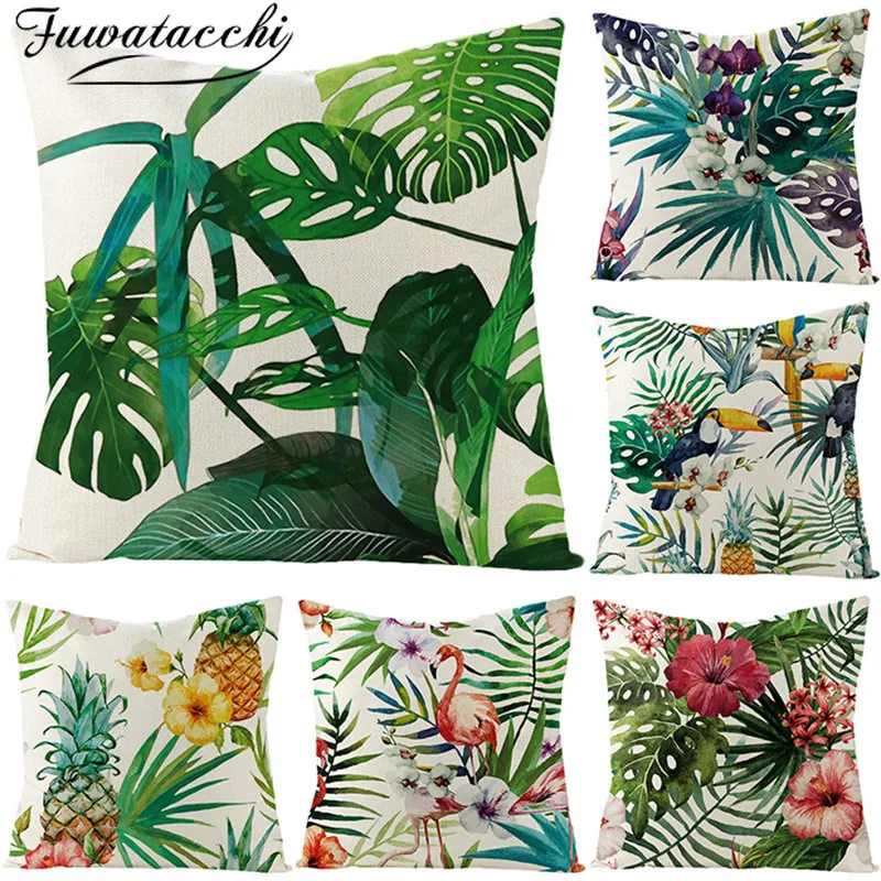 

Fuwatacchi Tropical Plants Cactus Monstera Cushion Cover Cotton Linen Pillow Cover Green Leaf Flower Decorative Pillows for Home