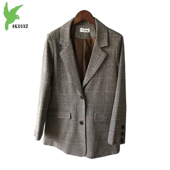 

2018 Spring Women's Woolen Blazer new Fashion Houndstooth Casual tops Boutique Loose Blazer female coats autumn OKXGNZ 1705