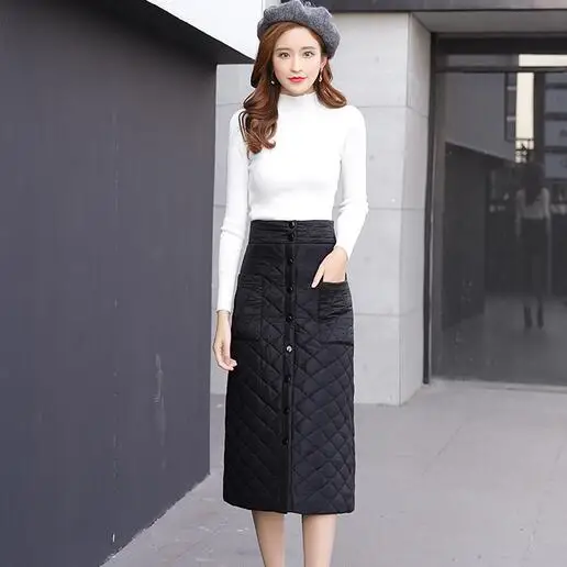 

Plus 3XL 2019 Autumn Winter Women's Down Skirt Black Elegance Button Pocket Warm Slim Knee-Length Skirts DC797