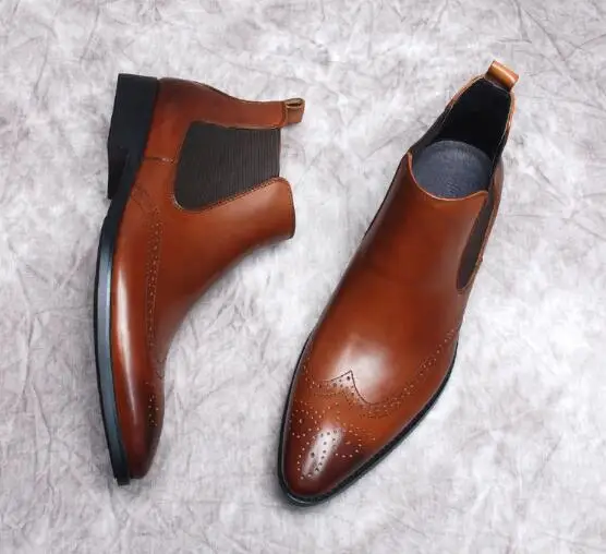 Autumn winter Chelsea boots men's pointed toe carved fashion leather