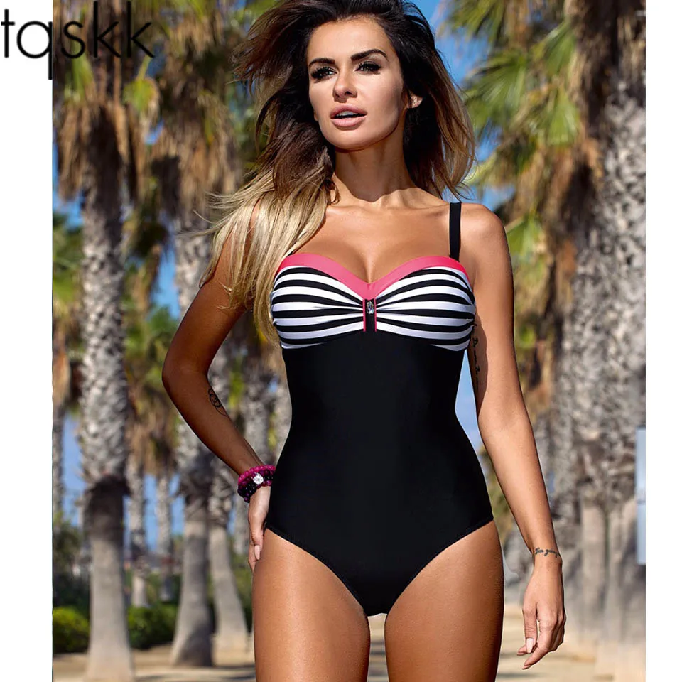 Günstig TQSKK Badeanzug 2019 Neue Bademode Frauen Retro Gestreiften Weiblichen Badeanzug Sexy Sommer Dot Strand Tragen Badeanzug Monokini